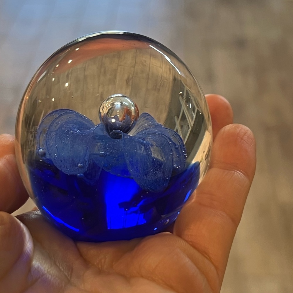 Studio Art Glass Paperweight, Round, Clear w/Cobalt Blue Flower Sphere B…